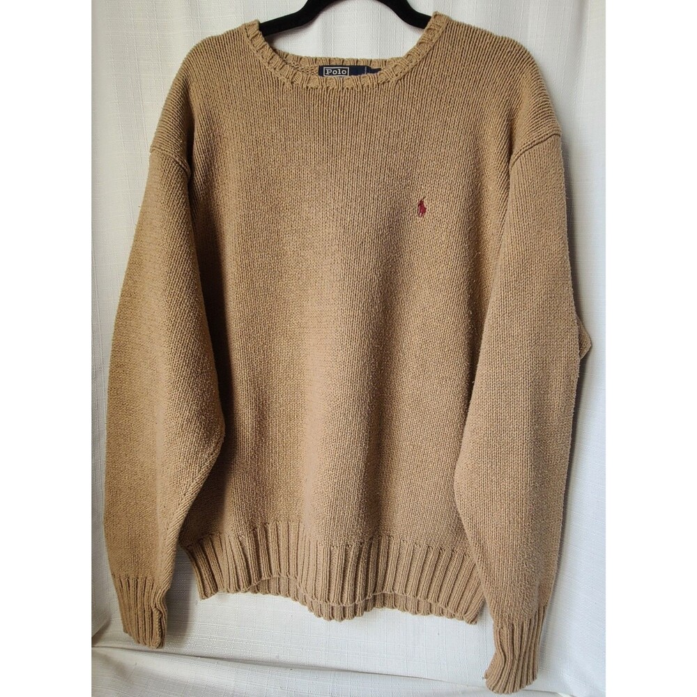 Polo Ralph Lauren Sweater Men's XL Tan Cotton Knit Crewneck Pony Logo Classic